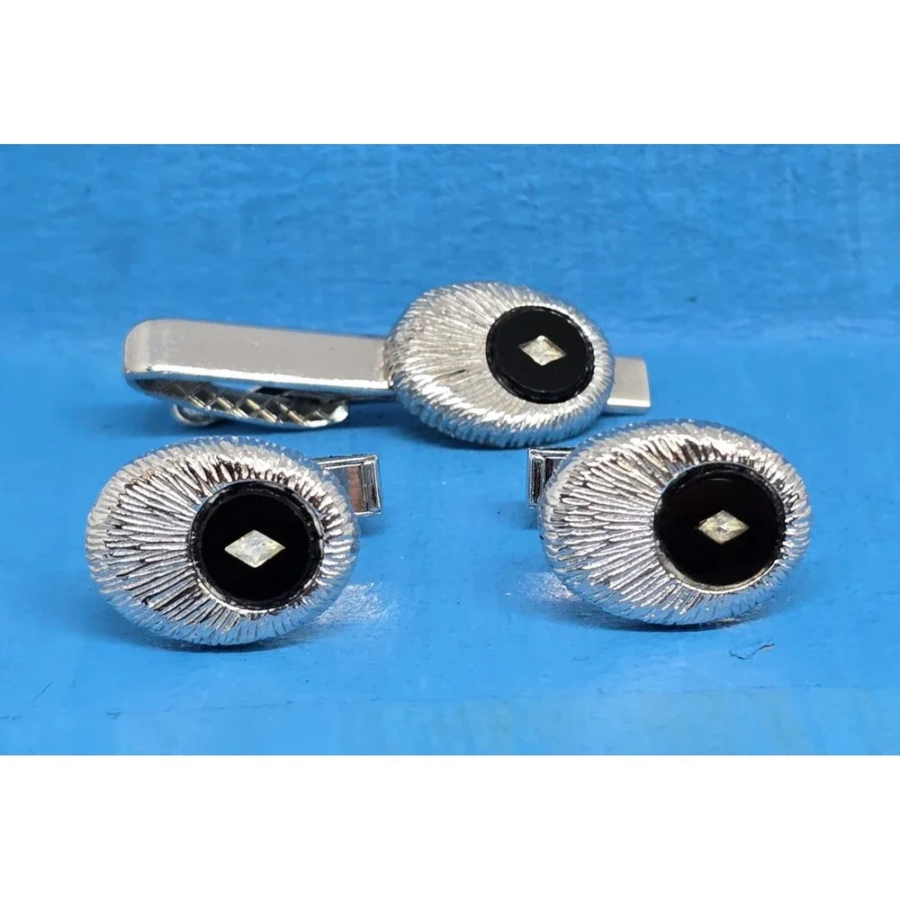 Silver Tone Tie Clip Cufflink Set Black Diamond Design Men's Formal Jewelry